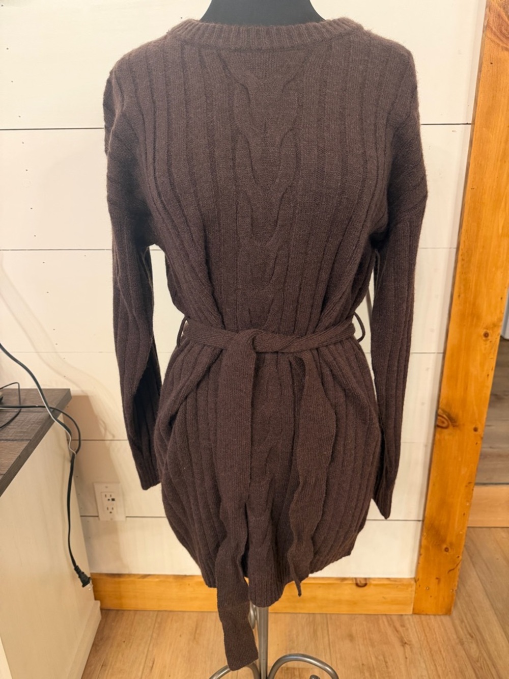 Francesca's Collections Brown Cable-Knit Belted Sweater Dress